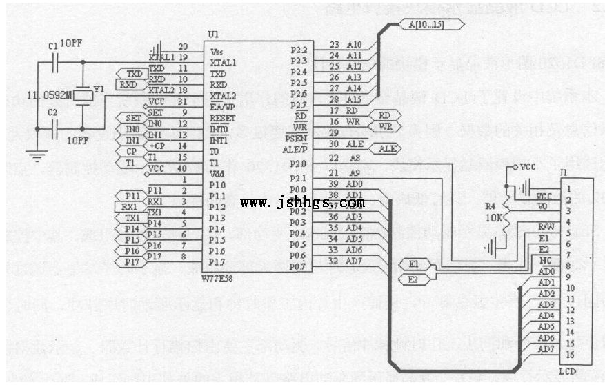 图4-3  W77E58与SED1520液晶显示模块的接口图