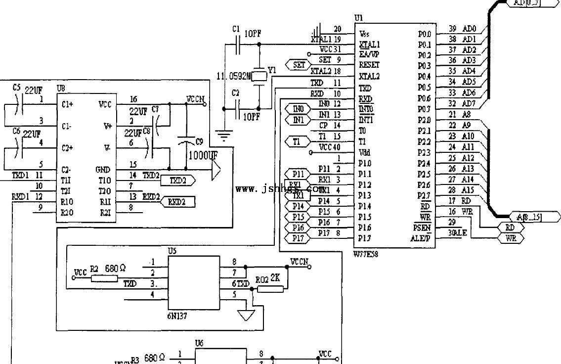 图4-10控制台与W77E58之间的串行接口电路图